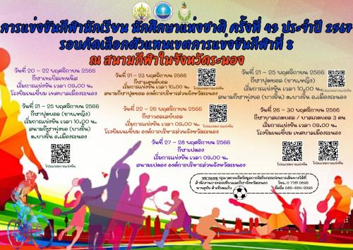 ประชาสัมพันธ์โปรแกรมการจัดการเเข่งขันกีฬานักเรียน นักศึกษาแห่งชาติ ครั้งที่ 43 ประจำปี 2567 รอบคัดเลือกตัวแทนเขตการแข่งขันกีฬาที่8 ณ สนามกีฬาในจังหวัดระนอง 8 ชนิดกีฬา