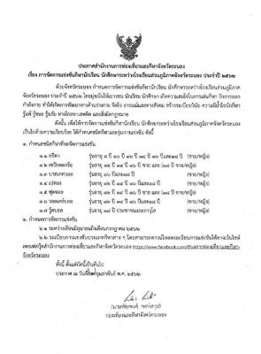 ประกาศสำนักงานการท่องเที่ยวและกีฬาจังหวัดระนอง เรื่อง การจัดการแข่งขันกีฬานักเรียน นักศึกษาระหว่างโรงเรียนส่วนภูมิภาคจังหวัดระนอง ประจำปี 2562